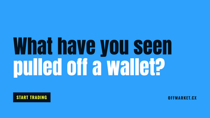 A bold blue and white advertisement reading 'What have you seen pulled off a wallet?' with a 'START TRADING' button and the website OFFMARKET.CX.