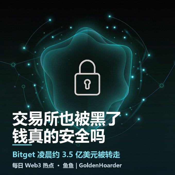 A dark graphic with a glowing padlock icon features Chinese text reading '交易所也被黑了 钱真的安全吗' and 'Bitget 凌晨约 3.5 亿美元被转走', along with the GoldenHoarder logo.