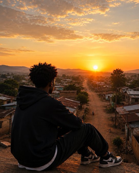 A photograph of a young man in a black tracksuit and sneakers sitting on a ledge, watching a sunset over a dirt road and village in a rural African landscape.