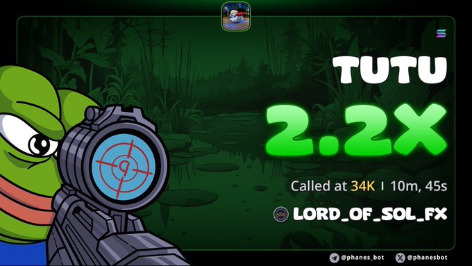 A promotional graphic featuring Pepe the Frog with a sniper scope, advertising 'TUTU 2.2x Called at 34K | 10m, 45s' by 'LORD_OF_SOL_FX' on @phanes_bot.