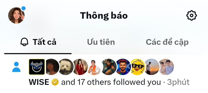 A screenshot of a Vietnamese Instagram notifications page showing 'Thông báo' at the top, with tabs for 'Tất cả', 'Ưu tiên', and 'Các đề cập', and a notification that 'WISE and 17 others followed you · 3 phút'.