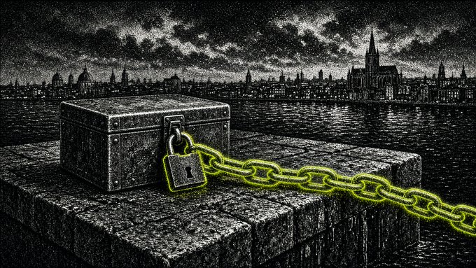 An artistic black and white illustration of a cityscape at night with a locked metal box and a glowing green chain in the foreground.