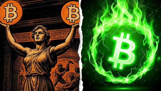 A split illustration showing a woman holding Bitcoin coins alongside a glowing green Bitcoin logo.