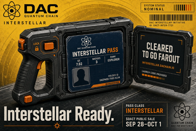 A rugged digital render of the "DAC Quantum Chain Interstellar Pass" NFT, showing holder ID DACPASS-7192-KLG4 with 7.82 QE, 3 badges, Bank Explorer rank, and a launch code panel reading "CLEARED TO GO FAROUT," tying directly to the poster's message about completing pre-registration, claiming tasks, and saving the hidden launch code ahead of the DAC public sale running September 28–October 1.