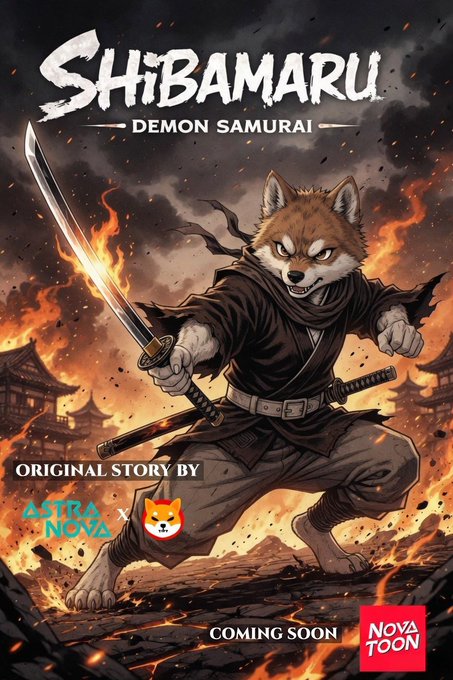 The image features a cover art for a comic book titled "Shibamaru: Demon Samurai" written by Astra Nova, with an illustration of a boy wielding a sword against a backdrop of burning buildings. The title of the comic is prominently displayed in white text at the top and bottom of the cover, while the artist's name and the publisher are located at the bottom. The post also mentions that the comic is coming soon, indicating its release date.