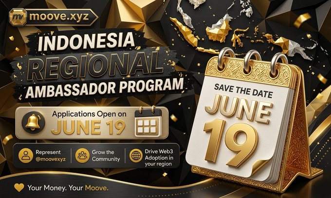 "Nigeria Regional Ambassador Program is done now but the real work just started. Big news for Indonesia Moovers. Mark the date because Ambassador Applications are opening on June 19. This is a great chance for you to do these things: Represent @moovexyz in your area. Make". Focus on what is in the image and how it relates to the post."