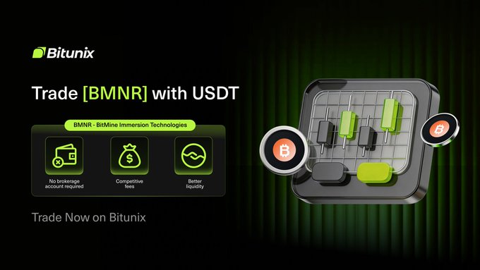 A Bitunix promotional banner inviting users to trade $BMNR (BitMine Immersion Technologies) with USDT, highlighting features like no brokerage account, competitive fees, and better liquidity. The graphic features candlestick charts and BTC logos, aligning with the post's note about BitMine's origins in Bitcoin mining via immersion cooling and its evolution into an Ethereum treasury company.