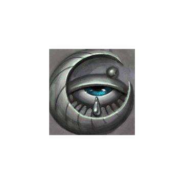 An artistic illustration of a crescent moon face with a single blue eye and a tear, rendered in grayscale tones.