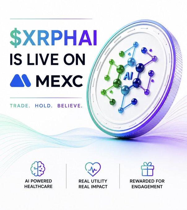 A promotional graphic announcing that the cryptocurrency $XRPHAI is live on the MEXC exchange, featuring a coin with molecular structures and the slogans 'Trade. Hold. Believe.' alongside features like 'AI Powered Healthcare,' 'Real Utility Real Impact,' and 'Rewarded for Engagement.'