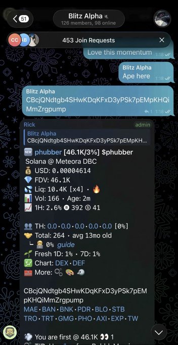 A Telegram chat screenshot from a 'Blitz Alpha' group showing 453 join requests, with a detailed crypto tracker card for token '$phubber' on Solana DBC, displaying metrics like FDV: 46.1K and Liquidity: 10.4K.
