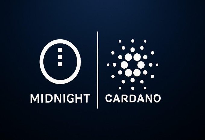 The image displays the logos of "MIDNIGHT" and "CARDANO" side by side on a dark navy background, visually representing the relationship between the two projects. This aligns with the post's bullish sentiment on both $ADA (Cardano) and $NIGHT (Midnight), suggesting confidence in their combined potential for the upcoming bull run.