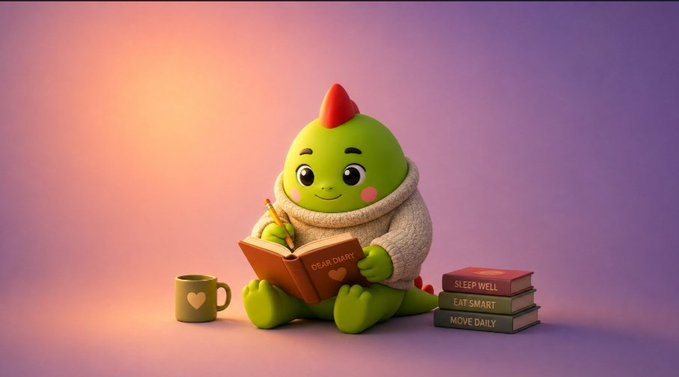 A 3D-rendered green cartoon character with a red crest sits on the floor writing in a 'DEAR DIARY' book, with a coffee mug and stacked books labeled 'SLEEP WELL', 'EAT SMART', and 'MOVE DAILY' beside it.