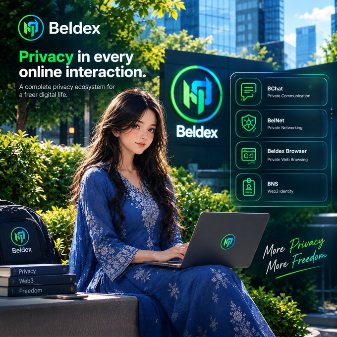 An advertisement for 'Beldex' shows a woman in a blue dress using a laptop, promoting privacy features like BChat and BelNet.