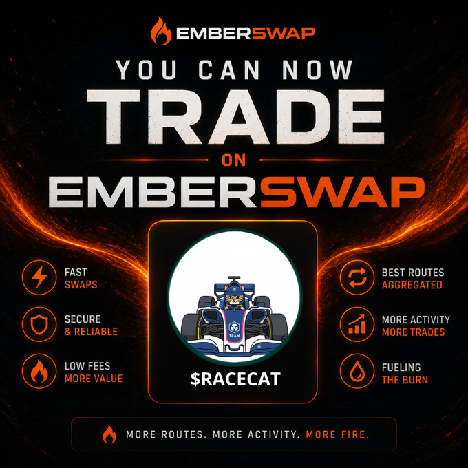 A promotional graphic for 'Emberswap' announcing you can trade on their platform, highlighting features like fast swaps, security, low fees, and more activity, featuring a $RACECAT token logo with a race car illustration.
