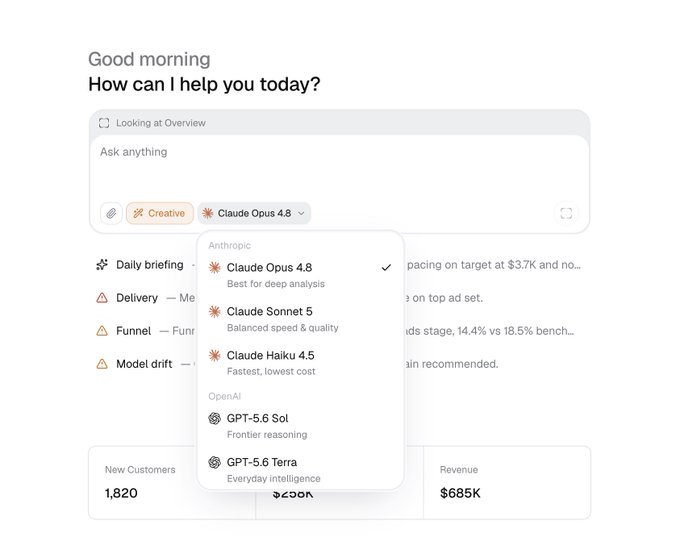 An AI chat interface with a model selection dropdown showing options like 'Claude Opus 4.8', 'Claude Sonnet 5', 'Claude Haiku 4.5', 'GPT-5.6 Sol', and 'GPT-5.6 Terra'.