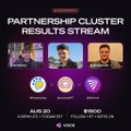 A 'Partnership Cluster Results Stream' event poster featuring speaker Julio and a $1900 prize pool, scheduled for August 30 at 1 PM EST / 7 PM CET.
