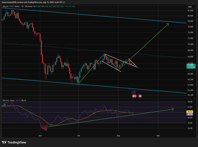 A TradingView daily candlestick chart for Bitcoin/USD (BTCUSD) on Bitstamp shows a descending channel pattern from June through August 13, 2024, with price at $61,250 (+2.58%) and an RSI of 49.14 displaying bullish divergence. The post highlights that despite the bearish descending structure, the green arrows suggest an imminent breakout rally rather than a crash, countering the bearish narrative.