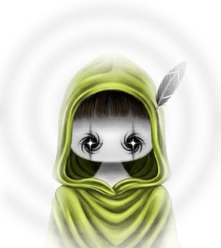 A digital illustration of a small hooded figure wearing a green cloak with a feather, featuring large spiral/swirl eyes on a white background with ripple effects.
