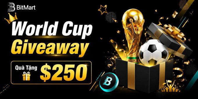 The image features an advertisement for a World Cup giveaway, with a large gold trophy displayed prominently in the center of the poster. The text on the poster announces that there's a "World Cup Giveaway" event taking place at BitMart, where people can participate by following @BitMart_VN and reposting the post to tag two friends. The prize for winning is a 20-dollar Futures Voucher.