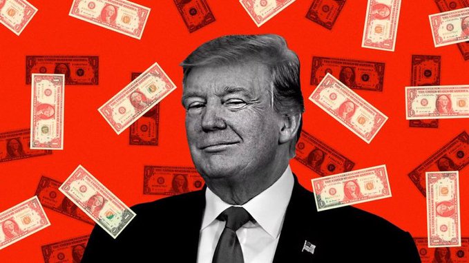 A black-and-white portrait of Donald Trump in a suit and tie set against a bright red background filled with scattered U.S. twenty-dollar bills.