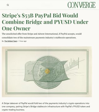 The image shows a Decrypt news article headline reading "Stripe's $53B PayPal Bid Would Combine Bridge and PYUSD Under One Owner," with an illustration of PayPal's payment document design, relating to the post by highlighting Stripe's reported acquisition offer for PayPal—a major crypto-thematic stock—signaling consolidation of fintech and stablecoin (PYUSD) infrastructure relevant to the author's thesis on consumer agents and financial guardrails.