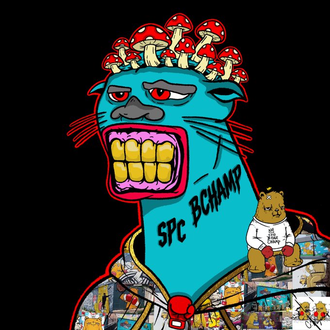 An illustrated cartoon character labeled "SPC BCHAMP" featuring a blue cat-like creature with mushrooms growing from its head, alongside a smaller bear character wearing a "IM THE BCHAMP" shirt.