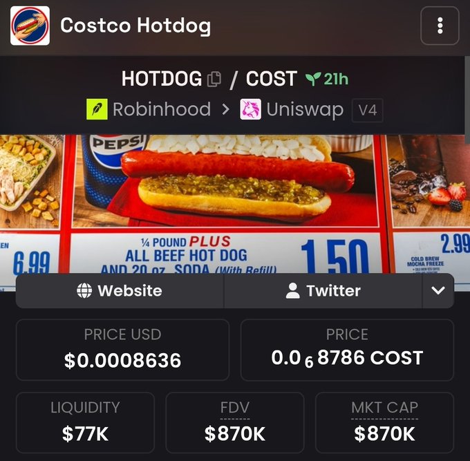 A crypto trading screen for 'Costco Hotdog' (HOTDOG/COST) showing a price of $0.00008636 USD and 0.000068786 COST, with the iconic Costco hot dog image visible in the background.