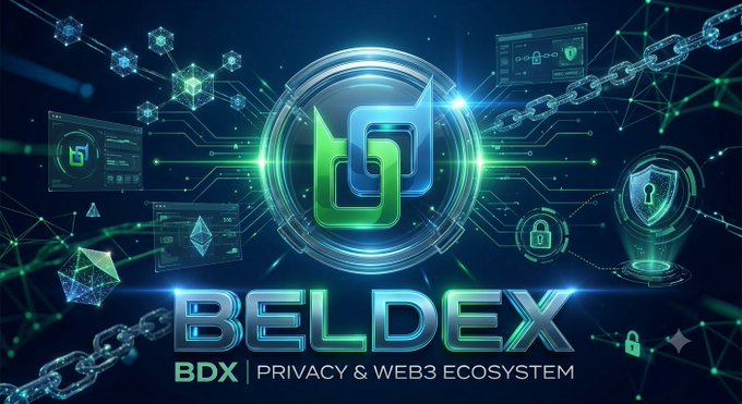 A promotional graphic for 'BELDEX BDX | PRIVACY & WEB3 ECOSYSTEM' featuring a green and blue logo with blockchain and security imagery.