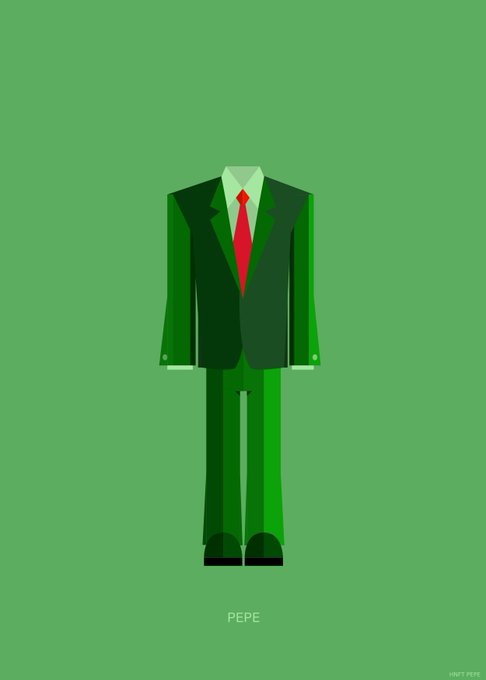 A minimalist green poster featuring an illustrated suit with a red tie, labeled 'PEPE' at the bottom with 'HNFT PEPE' in the corner.