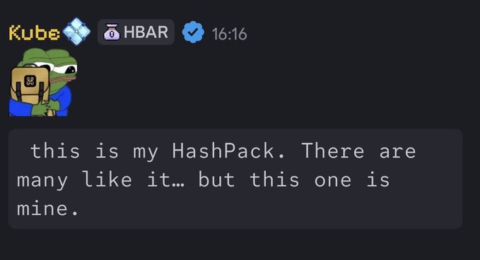 A Discord message from user 'Kube' featuring a Pepe the Frog backpack avatar, with the text 'this is my HashPack. There are many like it... but this one is mine.'