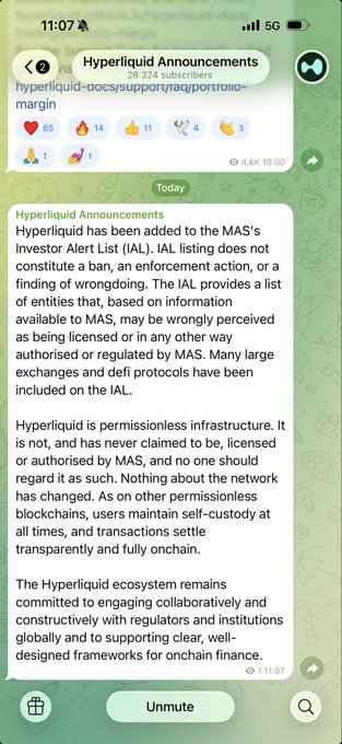 A Telegram message from the "Hyperliquid Announcements" channel (28,324 subscribers) at 11:07 confirms Hyperliquid's addition to Singapore's MAS Investor Alert List, clarifying that this is not a ban, enforcement action, or finding of wrongdoing, and emphasizing the platform is unlicensed but operates permissionlessly onchain.