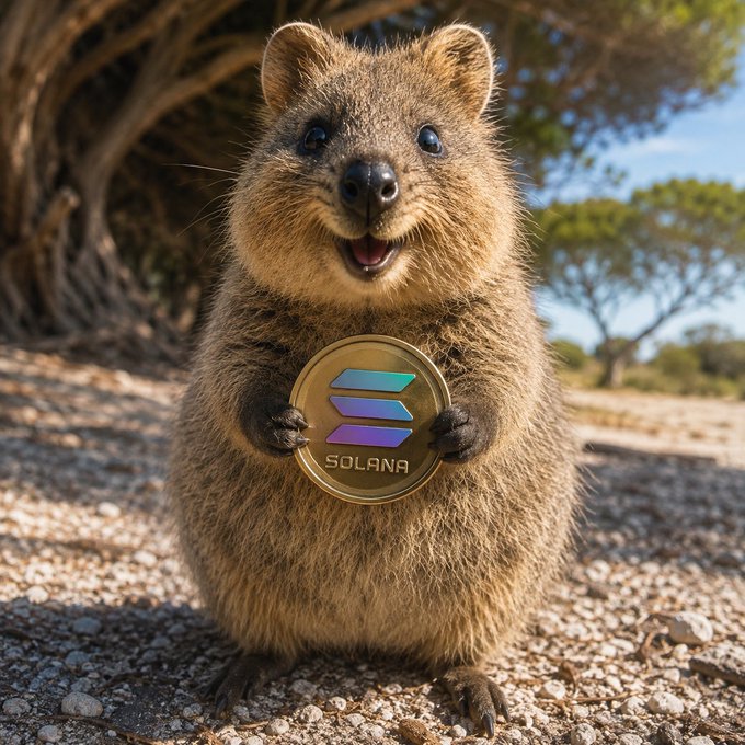 A quokka standing on a gravel surface holding a gold Solana cryptocurrency coin with the 'SOLANA' logo and branding clearly visible.