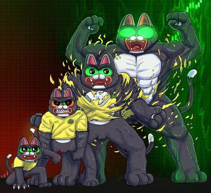 A digital illustration shows four progressively larger, muscular, anthropomorphic cat-like creatures with green glowing eyes and yellow energy auras against a green background.