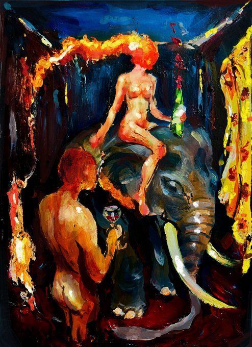An expressive, colorful oil painting depicting a nude female figure with bright orange hair riding a dark elephant, with another figure standing nearby holding a cup.