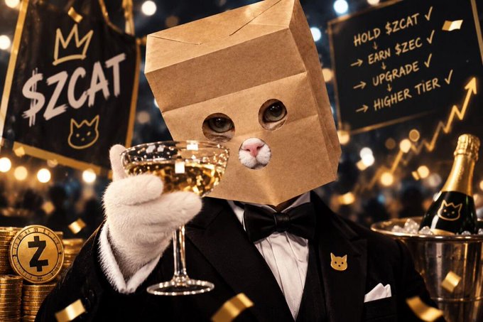 A cat wearing a paper bag on its head dressed in a tuxedo toasts with champagne, surrounded by '$ZCAT' meme coin promotional graphics including 'HOLD $ZCAT', 'EARN $ZEC', 'UPGRADE', and 'HIGHER TIER'.