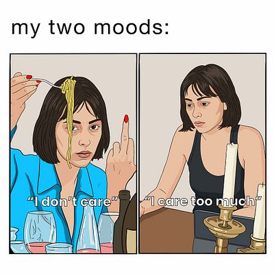A two-panel comic captioned 'my two moods:' showing a woman eating spaghetti nonchalantly with the text 'I don't care' on the left, and looking melancholic at candles with 'I care too much' on the right.
