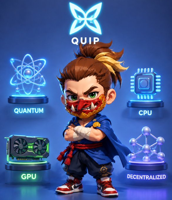 A stylized 3D character with a red oni mask stands confidently in front of a 'QUIP' logo, surrounded by glowing platforms labeled 'QUANTUM', 'CPU', 'GPU', and 'DECENTRALIZED'.