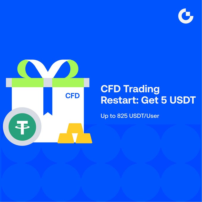 Blue promotional graphic for CFD Trading Restart offering 5 USDT and up to 825 USDT per user, featuring a gift box with a green ribbon, gold bars, and a Tether (USDT) coin.