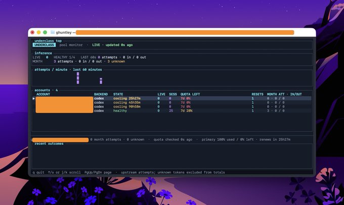 Terminal application called "ghuntley" running an Underclass pool monitor showing Codex account state information with metrics like BACKEND, STATE, LIVE, SESS, QUOTA LEFT, and attempts per minute displayed over a purple landscape wallpaper.