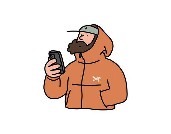 A man wearing an orange hooded jacket and holding a cell phone stands against a white background with his arm extended outwards towards the camera, giving a clear view of him while he uses the smartphone. The image also includes text that provides information about Bitcoin and shares some interesting facts or stories related to it.