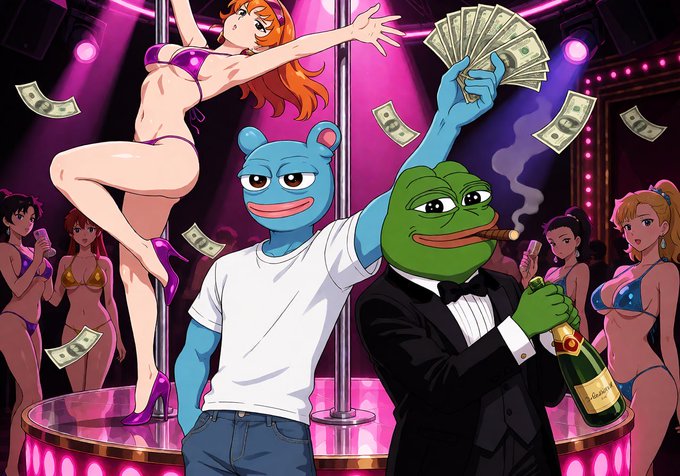 Anime-style illustration featuring a blue bear character and a Pepe the Frog dressed in a tuxedo with a cigar and champagne, surrounded by pole dancers and money in a club setting.