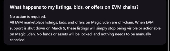 An informational text block answering 'What happens to my listings, bids, or offers on EVM chains?' stating that no action is required, as all EVM marketplace listings, bids, and offers on Magic Eden are off-chain and will simply stop being visible or actionable on March 9.