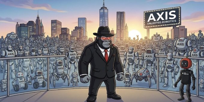 An AI-generated illustration depicting a gorilla in a black suit and fedora standing before crowds of 'AXIS Unlimited Robotics' robots with a city skyline at dusk in the background.