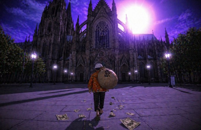 A digital artwork depicting a figure in a patterned orange shirt and white hat carrying a sack, walking toward a grand Gothic cathedral under a purple sky with a bright sun.