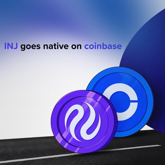 Promotional graphic stating 'INJ goes native on coinbase', displaying 3D renderings of the purple Injective (INJ) and blue Coinbase coins on a road.