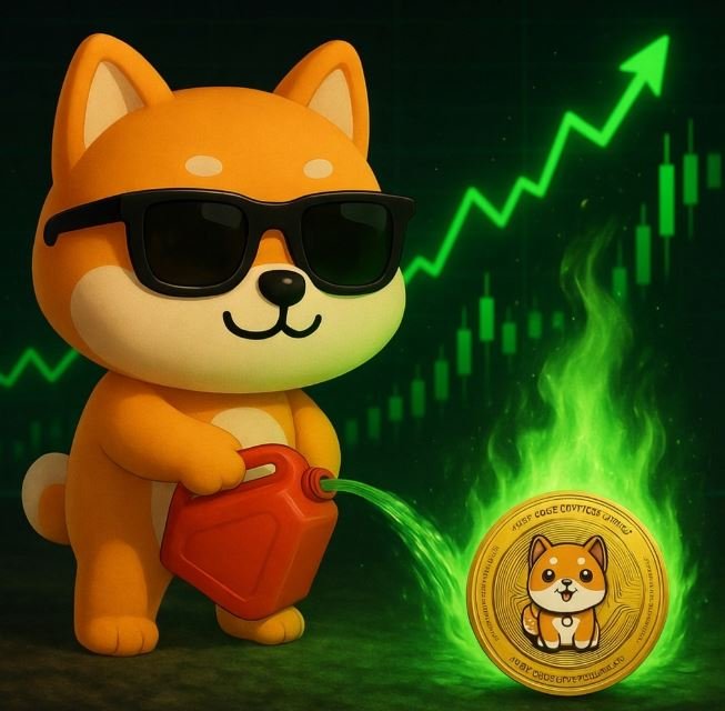 A 3D illustration of a shiba inu dog wearing sunglasses and pouring green liquid from a gas can onto a gold coin, with a rising green stock chart in the background.
