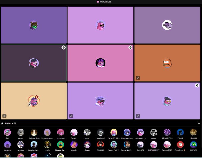 The image shows a computer screen displaying a grid of nine squares with different cartoon characters or icons, each representing a different social media platform such as Twitter, Instagram, Facebook, and others. The squares are arranged in a 3x3 grid pattern. The caption for this image reads "Happening right now: The 10k SQUADCODING SEMIFINALS Really cool to see an NFT collection on @monad creating its own events, supporting builders, and strengthening the network's community even more".