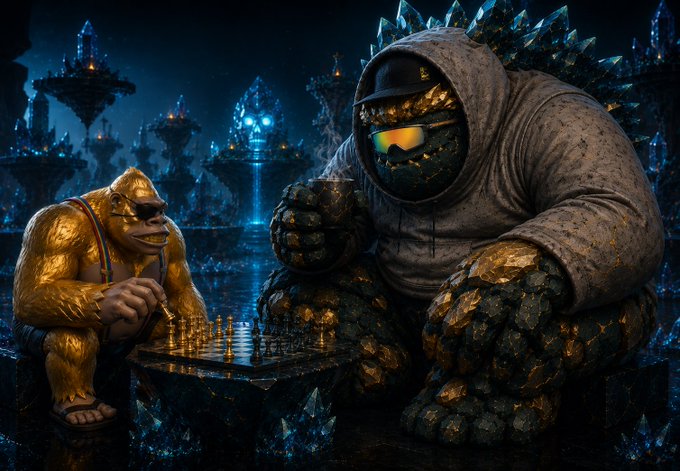 Two ape-like figures—one a massive gold-and-black craggy creature in a hoodie and the other a golden ape in overalls—face off over a chessboard in a surreal crystalline cavern, visually echoing the post's reference to a legendary chess rivalry between Golem and GeezOnApe.