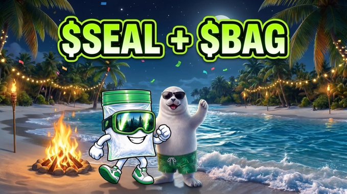 A cartoon seal wearing sunglasses and a bag with goggles pose together on a tropical beach at night with a bonfire and string lights, under bold text reading "$SEAL + $BAG" — visually representing the two meme coins ($SEAL and $BAG) highlighted as conviction plays in the post.
