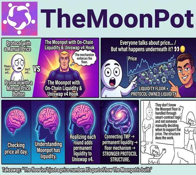 A four-panel infographic for TheMoonPot contrasts a "Protocol with a Manual Price Button" against "The Moonpot with On-Chain Liquidity & Uniswap v4 Hook," illustrating how an automatic floor mechanism outperforms manual price controls. Subsequent panels visualize a progression from simply "Checking price all day" to realizing that each round adds permanent liquidity to Uniswap v4, ultimately connecting "TMP → permanent liquidity → floor mechanism → STRONGER PROTOCOL STRUCTURE," with the takeaway: *"The floor isn't just a price number. It's part of how The Moonpot is built."*